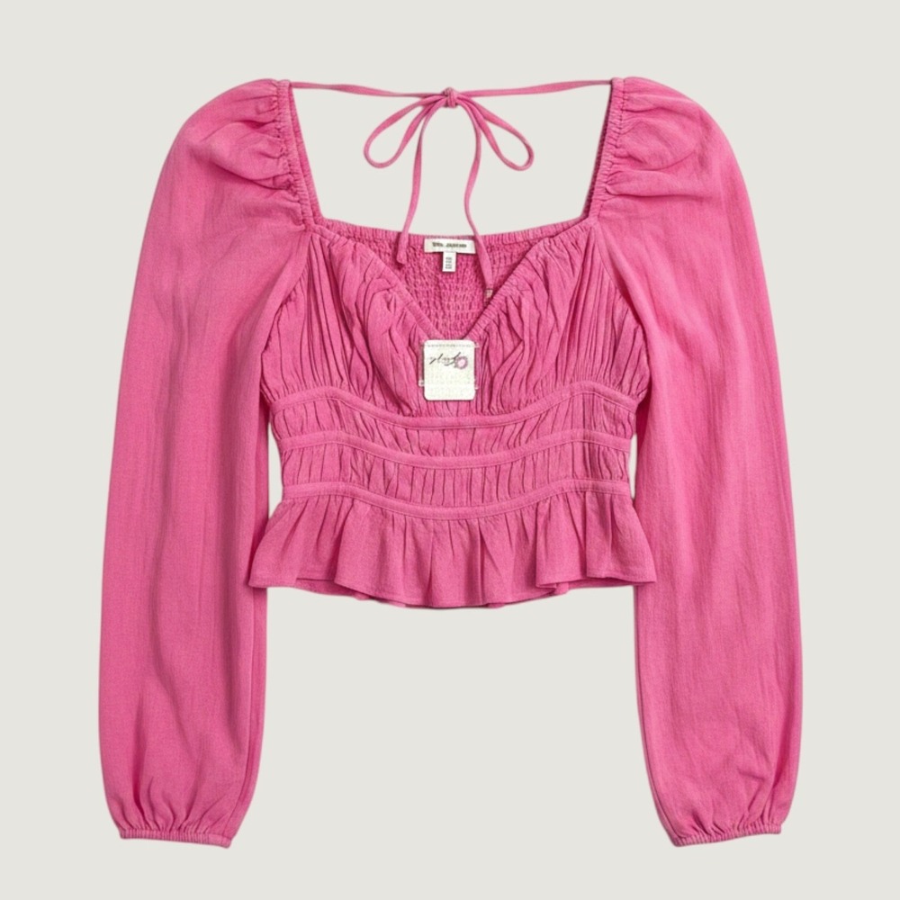 NEW - Free People Aurora‎ Blouse Pink Smocked V-Neck Crop Top OB1410102 Size S